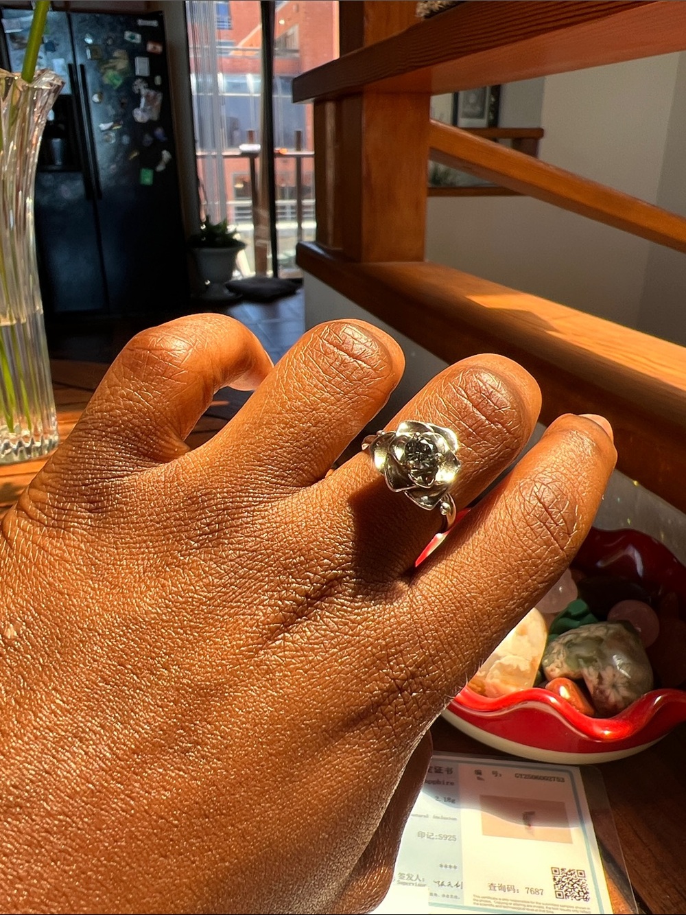Grey Moissanite Rose Flower Ring on S925 - Shiny Silver Flower